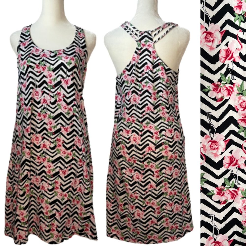 Cynthia Rowley racerback style dress with floral & flamingo print zig zag stripe